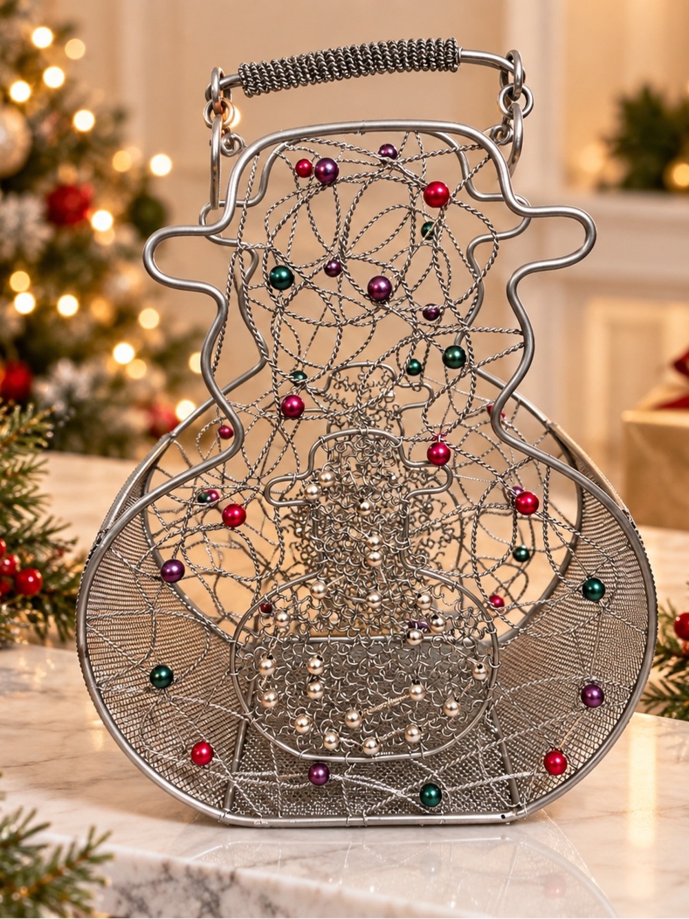 Beaded Wire Snowman Christmas Basket With Handle – Silver 10” x 8”